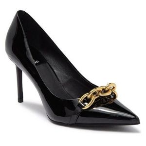 Jeffrey Campbell Chain Link Pointed Toe Patent Leather Pump In Black, Size 9
